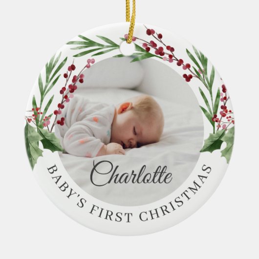 Red Cranberry Foliage Baby's eerste kerstfoto Keramisch Ornament (Voorkant)