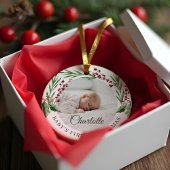 Red Cranberry Foliage Baby's eerste kerstfoto Keramisch Ornament