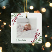 Red Cranberry Foliage Baby's eerste kerstfoto Keramisch Ornament