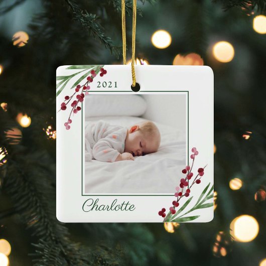 Red Cranberry Foliage Baby's eerste kerstfoto Keramisch Ornament