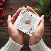 Red Cranberry Foliage Baby's eerste kerstfoto Keramisch Ornament