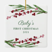Red Cranberry Foliage Baby's eerste kerstfoto Keramisch Ornament (Achterkant)