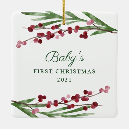 Red Cranberry Foliage Baby's eerste kerstfoto Keramisch Ornament (Achterkant)