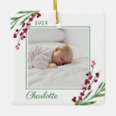 Red Cranberry Foliage Baby's eerste kerstfoto Keramisch Ornament (Voorkant)
