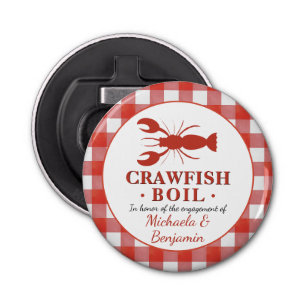 Red Crawfish Boil Seafood Party Picnic Verloving Button Flesopener