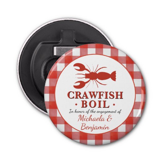 Red Crawfish Boil Seafood Party Picnic Verloving Button Flesopener (Voorkant)