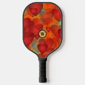 Red Crazy Hearts op Turquoise en Monogram Initiaal Pickleball Paddle (Voorkant)