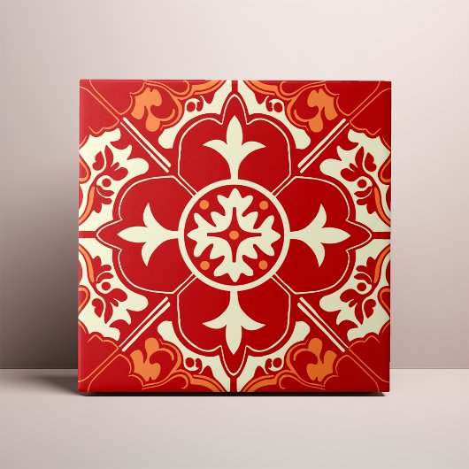 Red Cream and Orange Azulejo Mandala Tegeltje
