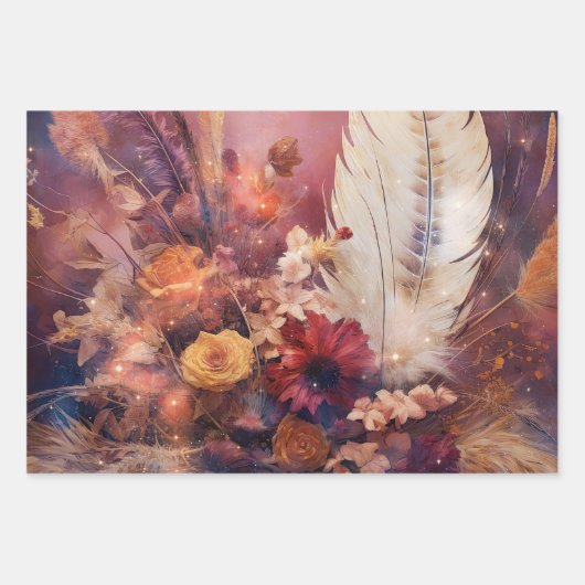 Red Cream Boho Feather Floral Inpakpapier Vel (Voorkant 3)