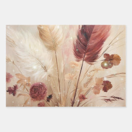 Red Cream Boho Feather Floral Inpakpapier Vel