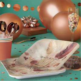 Red Cream Boho Feather Floral Papieren Bordje