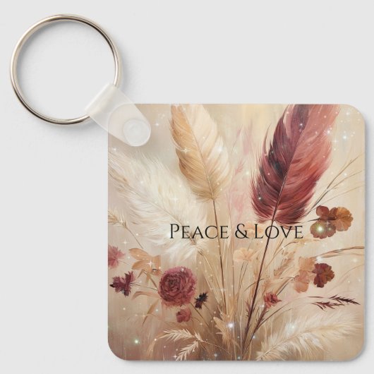 Red Cream Boho Feather Floral Sleutelhanger (Voorkant)