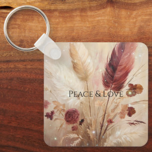 Red Cream Boho Feather Floral Sleutelhanger