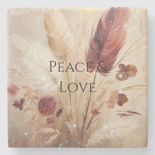 Red Cream Boho Feather Floral Stenen Onderzetter (Voorkant)