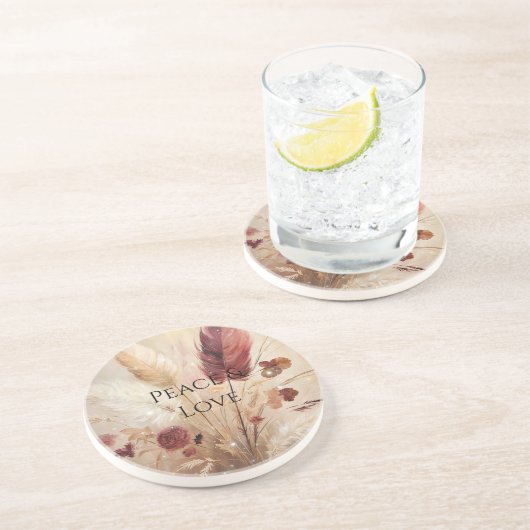 Red Cream Boho Feather Floral Zandsteen Onderzetter (Zijkant)