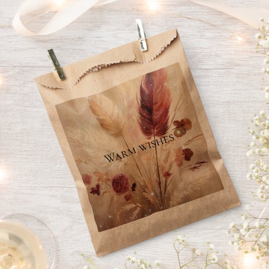 Red Cream Boho Feathers Floral Wedding Bedankzakje (Geknipt)