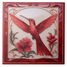 Red & cream faux relief Art Nouveau Hummingbird L Tegeltje