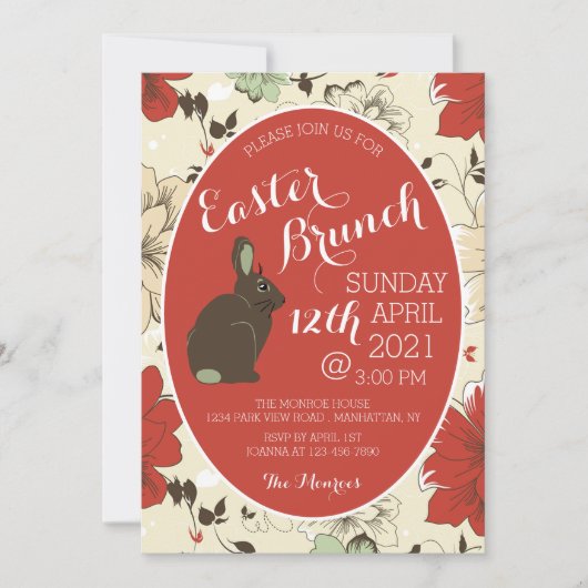 Red & Cream Floral Bunny Easter Egg Aankondiging (Voorkant)