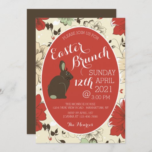 Red & Cream Floral Bunny Easter Egg Aankondiging (Voorkant / Achterkant)
