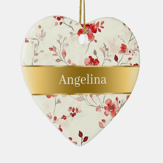 Red Cream Flowers Gold Ribbon Christmas Keramisch Ornament (Rechts)