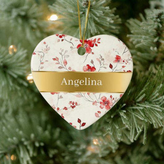 Red Cream Flowers Gold Ribbon Christmas Keramisch Ornament (Boom)