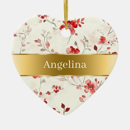 Red Cream Flowers Gold Ribbon Christmas Keramisch Ornament (Voorkant)