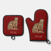 Red Cream Gold Leopard Animal Monogram Ovenwant & Pannenlap Set (Voorkant)