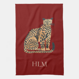 Red Cream Gold Leopard Animal Monogram Theedoek