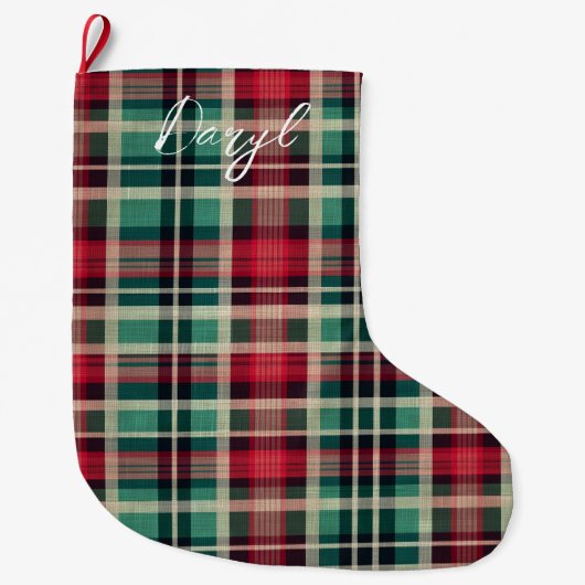 Red Cream Green Plaid Stripes Grote Kerstsok (Voorkant)
