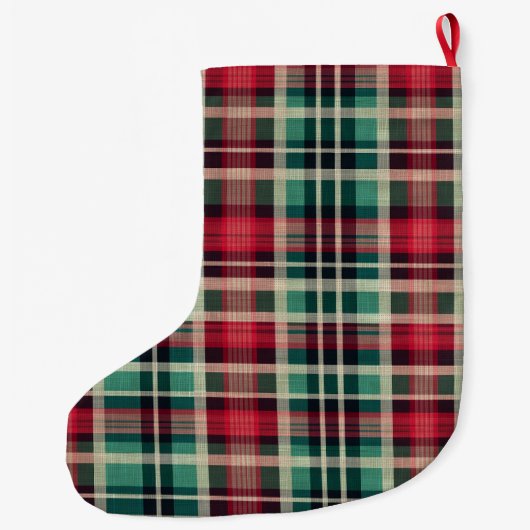 Red Cream Green Plaid Stripes Grote Kerstsok (Achterkant)