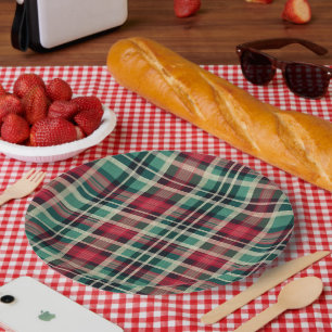 Red Cream Green Plaid Stripes Papieren Bordje