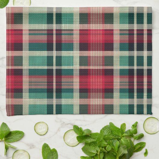 Red Cream Green Plaid Stripes Theedoek (Gevouwen)