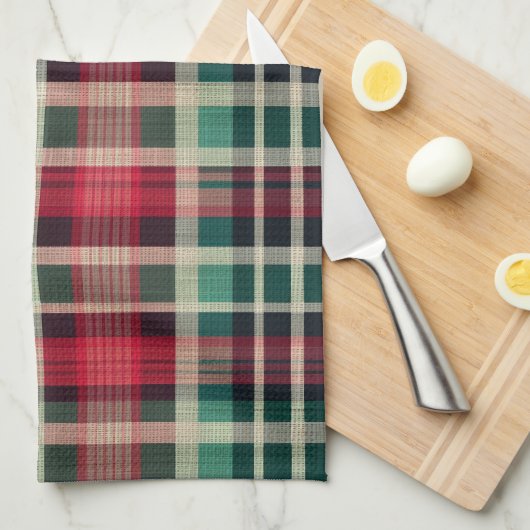 Red Cream Green Plaid Stripes Theedoek (Quarter Fold)