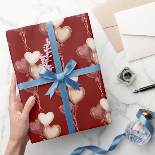 Red Cream Heart Balloons Love  Cadeaupapier (Geschenken)