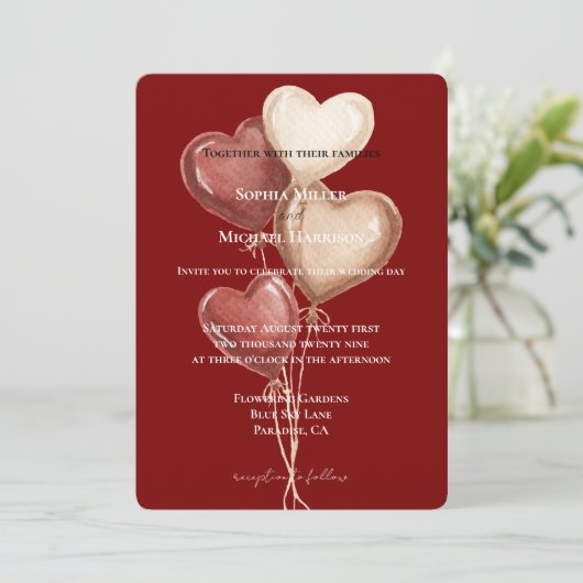 Red Cream Heart Balloons Wedding Kaart (Staand voorkant)