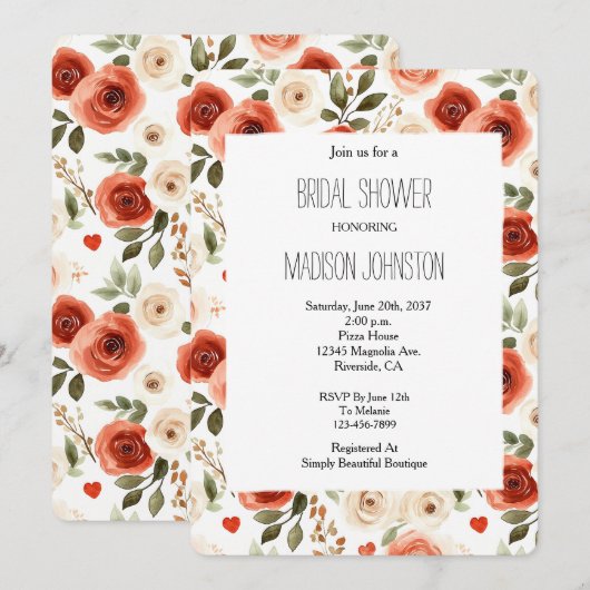 Red Cream Hearts and Flowers Bridal Shower Kaart (Voorkant / Achterkant)