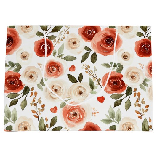 Red Cream Hearts and Flowers Vrijgezellenfeest Groot Cadeauzakje (Voorkant)