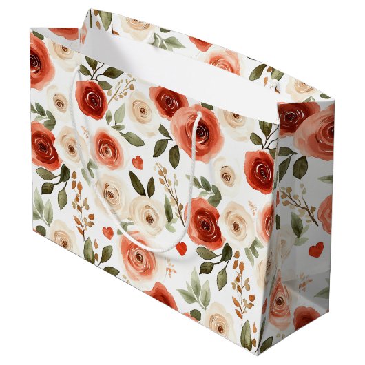 Red Cream Hearts and Flowers Vrijgezellenfeest Groot Cadeauzakje (Achterkant Gekanteld)