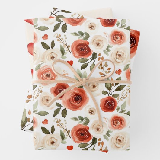 Red Cream Hearts and Flowers Vrijgezellenfeest Inpakpapier Vel (In situ)