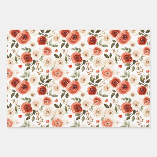 Red Cream Hearts and Flowers Vrijgezellenfeest Inpakpapier Vel (Voorkant)