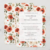 Red Cream Hearts and Flowers Wedding Kaart (Voorkant / Achterkant)