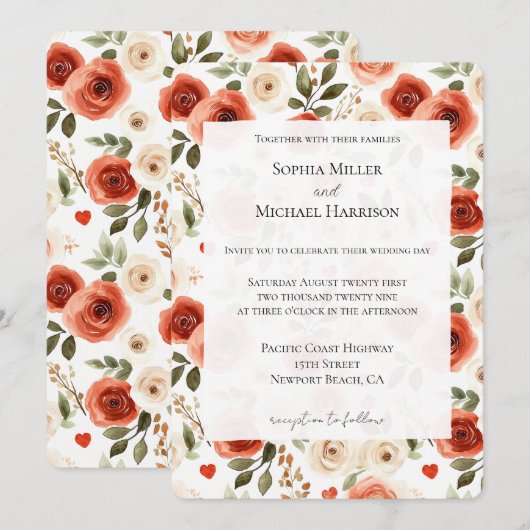 Red Cream Hearts and Flowers Wedding Kaart (Voorkant / Achterkant)