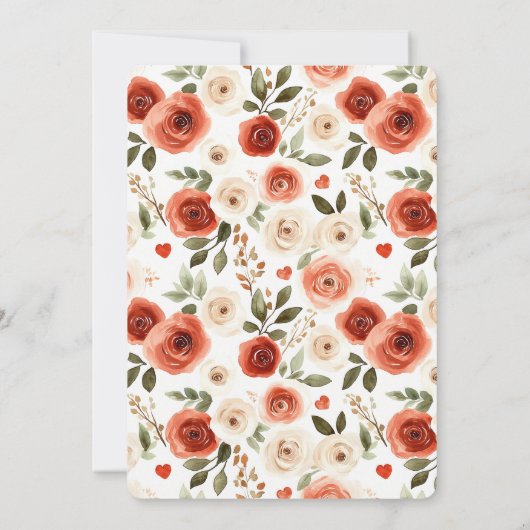 Red Cream Hearts and Flowers Wedding Kaart (Achterkant)