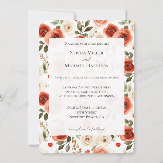 Red Cream Hearts and Flowers Wedding Kaart (Voorkant)