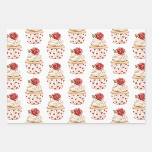 Red Cream Hearts Balloons Cupcakes Verjaardag Inpakpapier Vel (Voorkant 3)