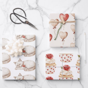 Red Cream Hearts Balloons Cupcakes Verjaardag Inpakpapier Vel