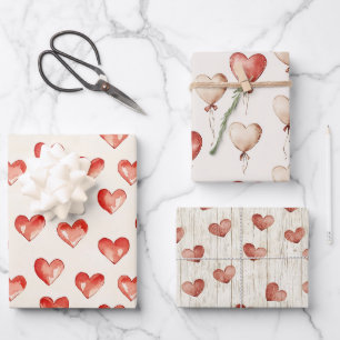 Red Cream Hearts Balloons Verjaardag Inpakpapier Vel