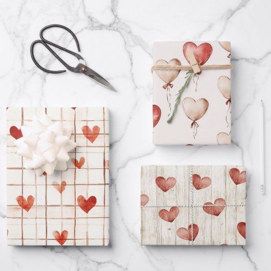 Red Cream Hearts Balloons Verjaardag Inpakpapier Vel (Voorkant)