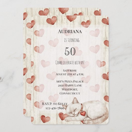 Red Cream Hearts Faux Wood Cat Birthday Kaart (Voorkant / Achterkant)