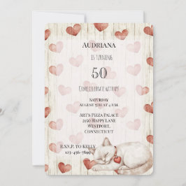 Red Cream Hearts Faux Wood Cat Birthday Kaart